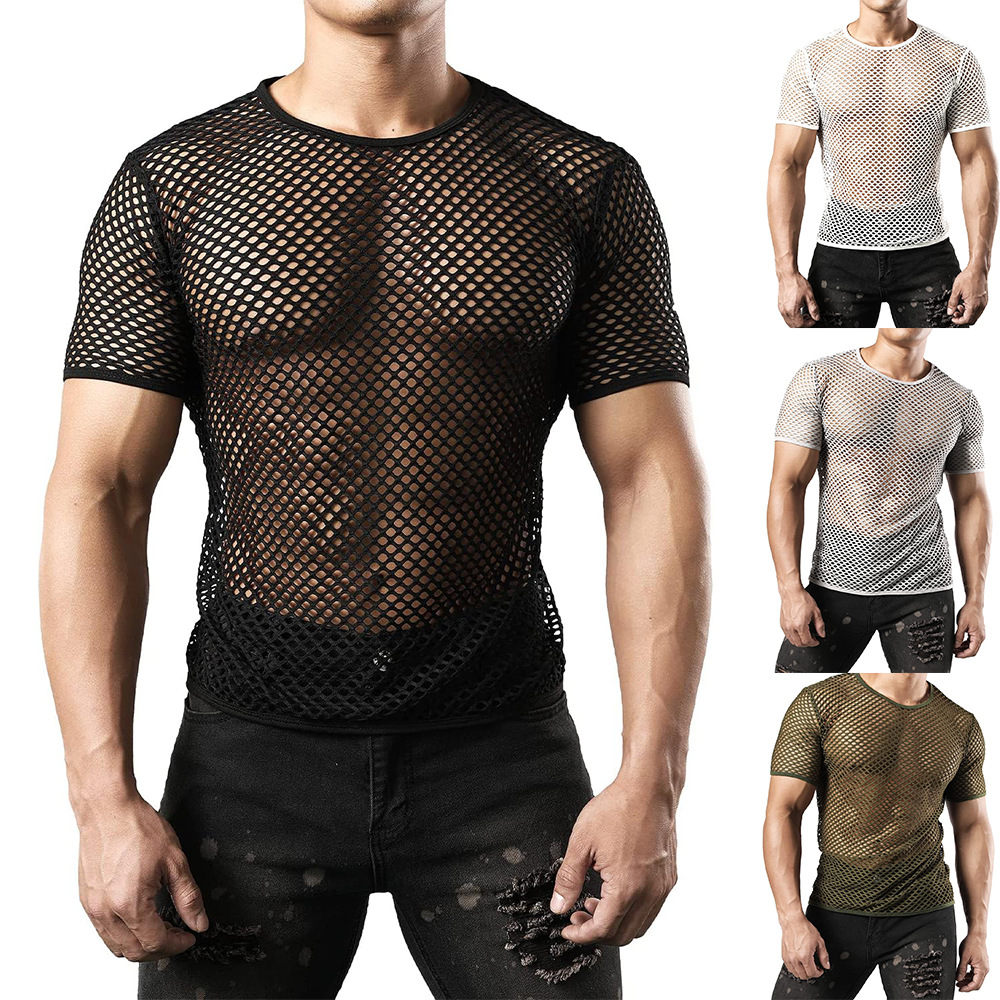 European and American Cross-Border Summer Men's Short-Sleeved Solid Color Round Neck Hollow Breathable Knitwear Men's Tops Sun Protection Clothing