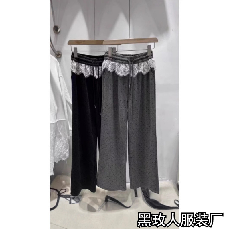 Gray Polka Dot Floral Lace Trim Sports Wide-Leg Pants for Women, Summer Patchwork Elastic High-Waist Layered Casual Sweatpants
