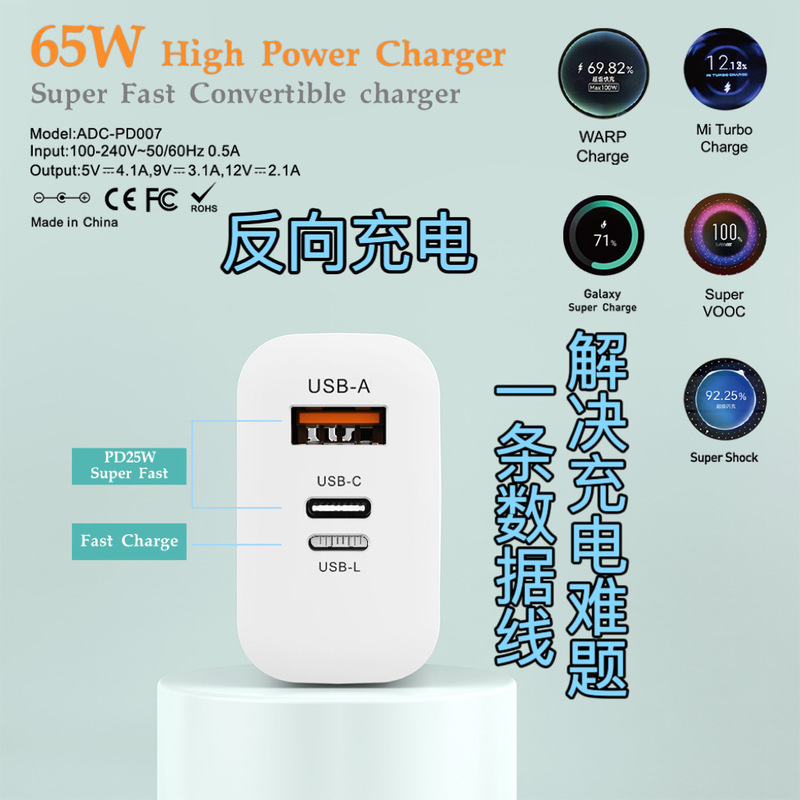 Factory direct standard 65W reverse charge A C Lightning super fast charge PD QC3.0 mobile phone charger Factory direct standard 65W reverse charge A C Lightning super fast charge PD QC3.0 mobile phone charger