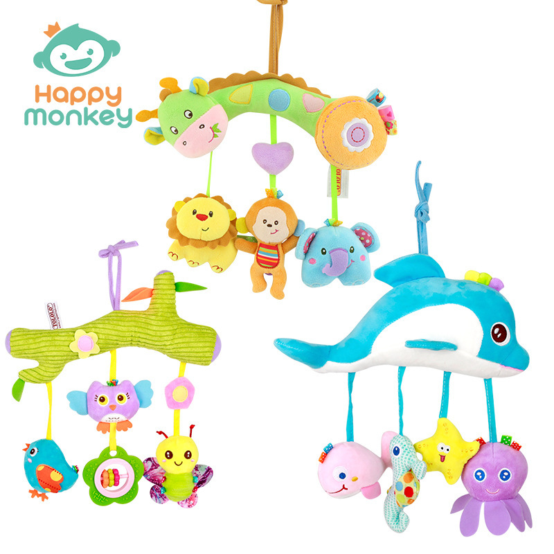 Juguete de peluche relajante con sonajero para colgar en la cuna o cochecito de bebé, con diseño de mono feliz.