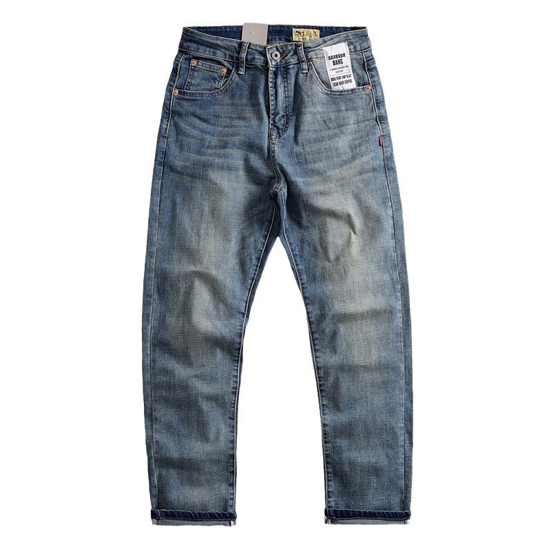 Vintage jeans nostálgicos japoneses elásticos ociosos lavados con agua encajan recto azul americano pantalones de hombre