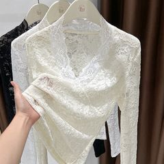 春季新款高级感领蕾丝打底衫女提花镂空薄款网纱纯欲内搭上衣女