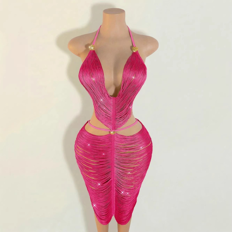 Spring and Summer Fashion New Arrivals Sexy Halter Neck Backless Fabric Line Dress Women's Tassel Dress One Size Fits All