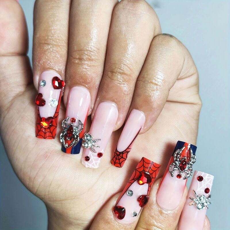 Cross-Border Hot-Selling New Wearable Nails Spider-Man Style Manicure Red and Black Grid Design Rhinestone-Encrusted 3D Fake Nail Set