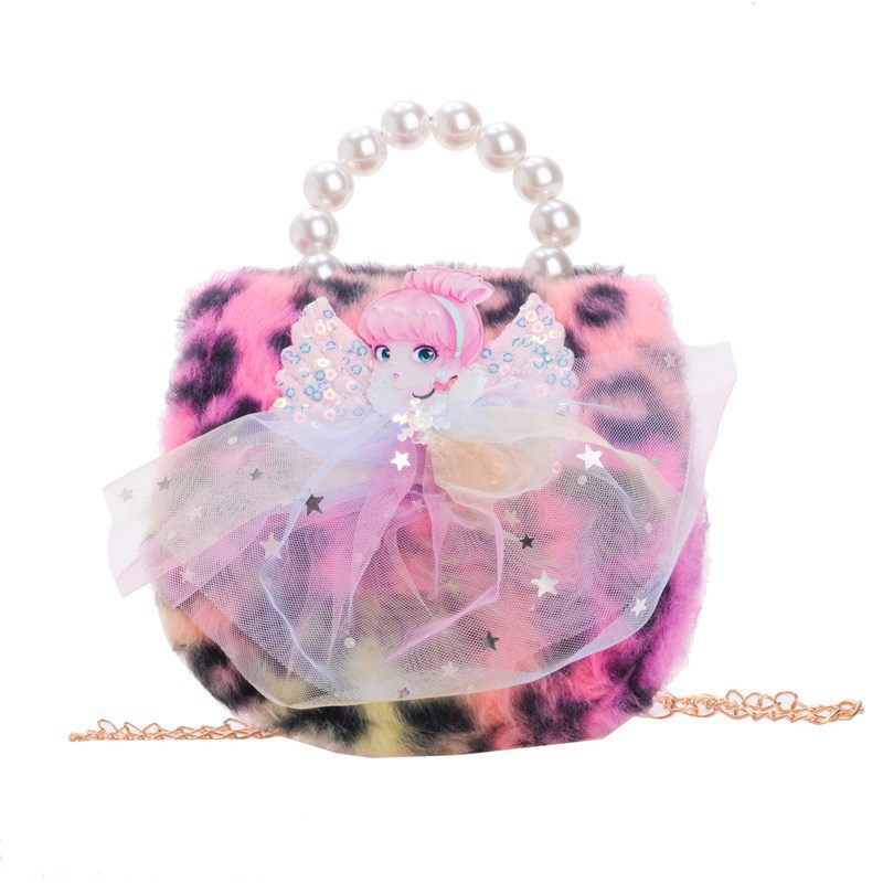 Nuevo leopardo arco bolso infantil peluche princesa de dibujos animados chica bolso de perlas bolso de hombro monedero