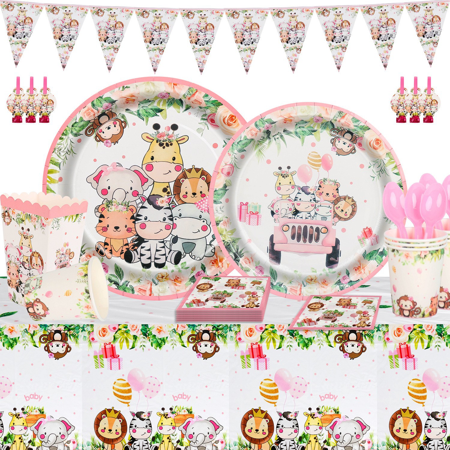 2023 nueva selva Rosa animal plato de papel taza de papel tejido mantel Tema del partido vajilla desechable traje