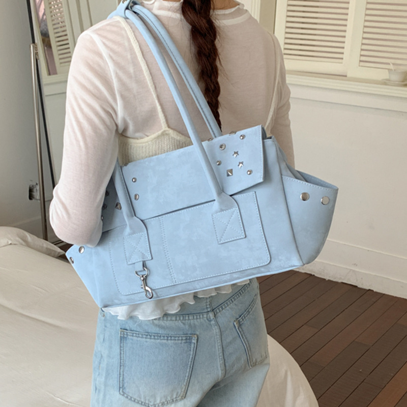 Retro Large Capacity Women's Bag 2026 New Casual Single Shoulder Underarm Bag Textured Studded Commuter Boston Bag Trendy - Thumbnail 4