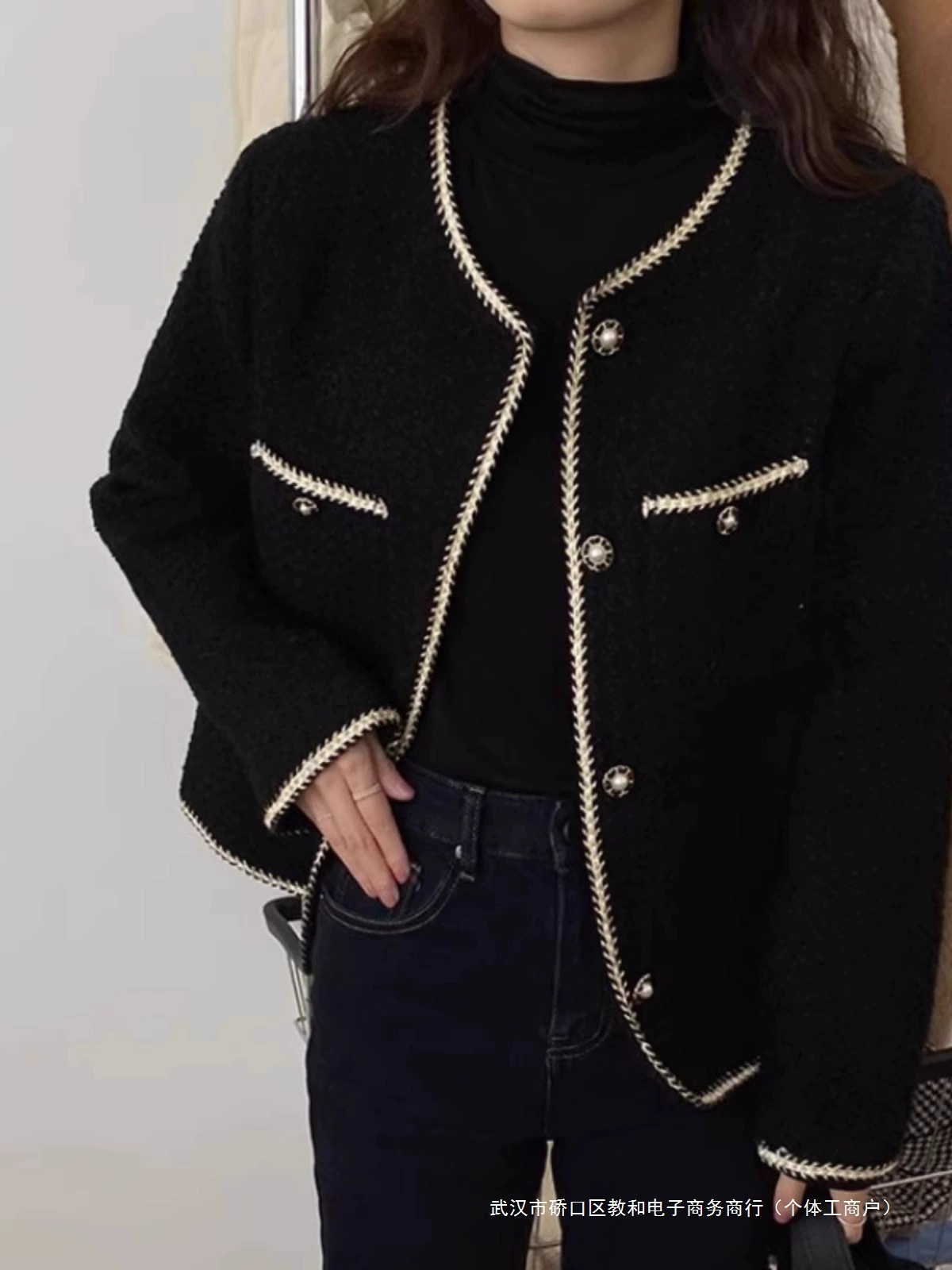 Черная осенняя демисезонная куртка, большой размер, стиль Chanel, французский стиль, яркий броский дизайн