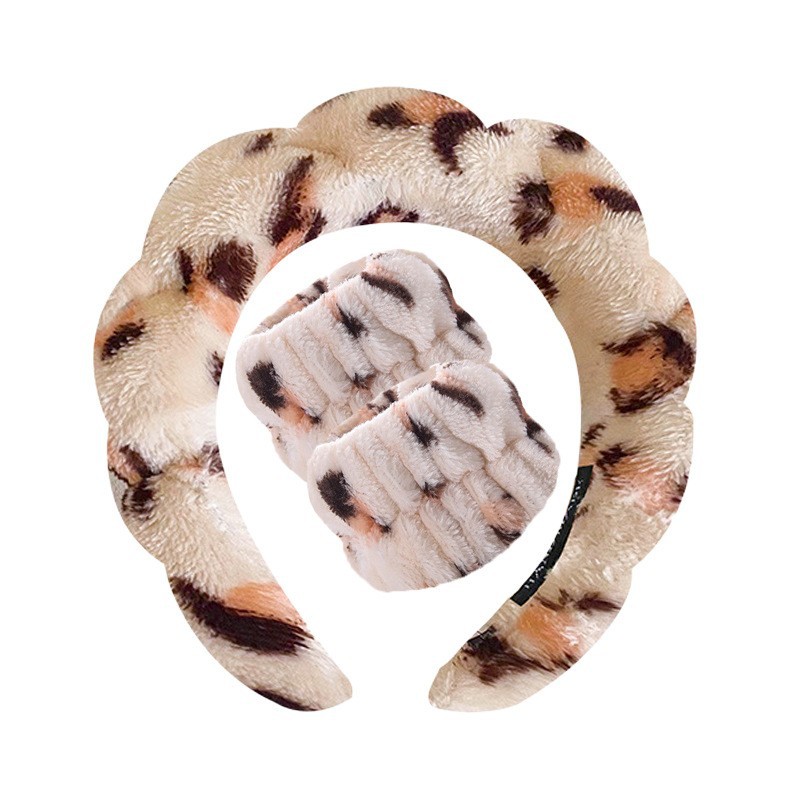 갈색 표범 무늬 머리띠 + 손목 스트랩 2개(솔기에 고무줄 3개)