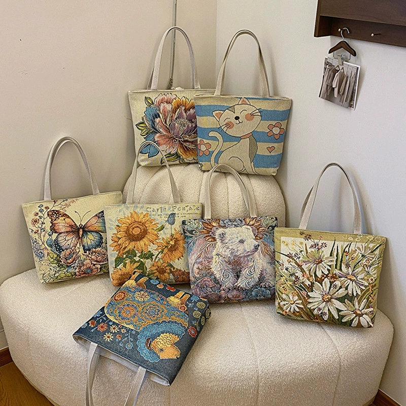 Большая емкость двухсторонняя вышивка портативная сумка для женщин мультфильм животных вышитая сумка на плечо мода