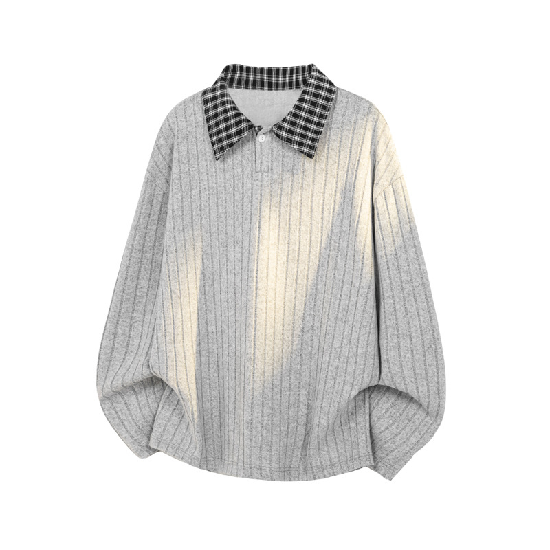 T-shirt a maniche lunghe da uomo con colletto risvoltato a quadri in stile coreano, look giovanile e pulito per la primavera, stile americano_voghion.com