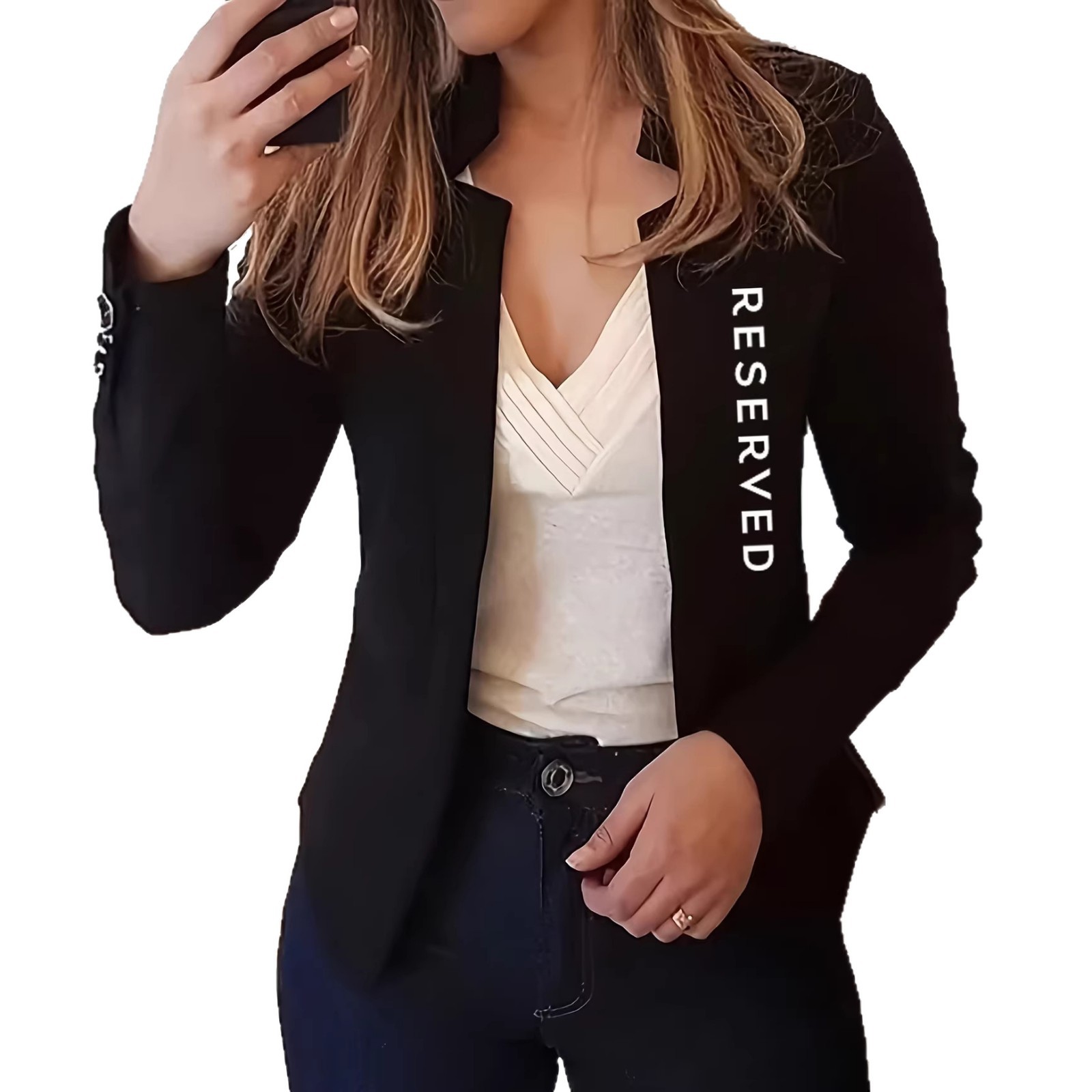 Women's Clothing American Style Stand Up Collar Fitted Waist Black Blazer Long Sleeve Elegant Fashion Print Outerwear_voghion.com