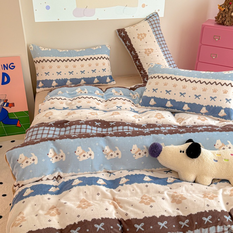 新款ins卡通可爱少女心加厚保暖牛奶绒四件套双面珊瑚绒冬季三件t