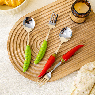 New Style Simple Stainless Steel Spoon Fork Cute Fun Creative Three-dimensional Pea Pepper Ceramic Handle Household Stainless Steel Soup Spoon