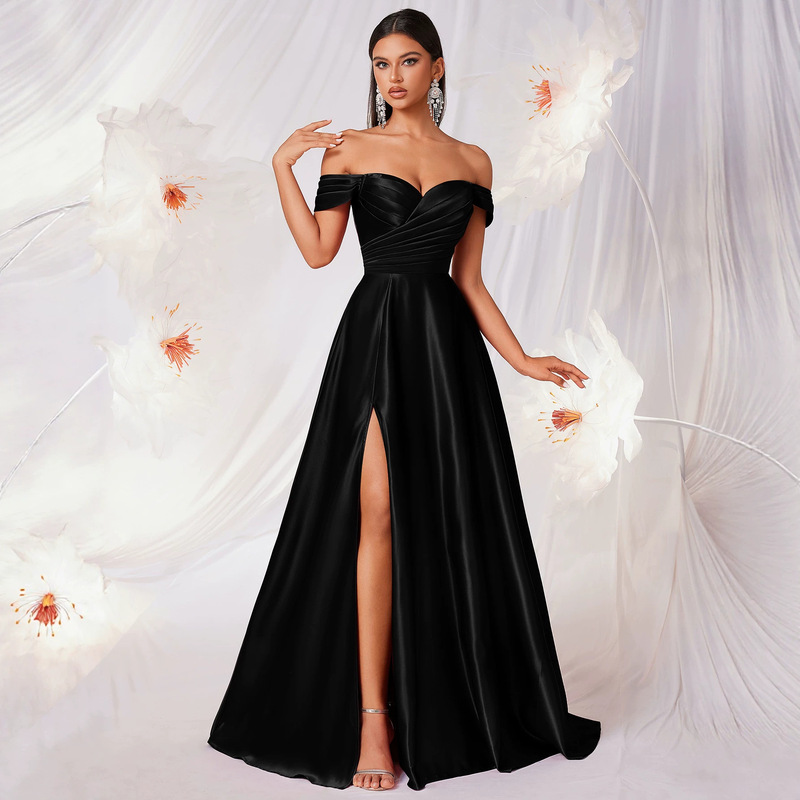 New Cross-Border Matte Satin One-Shoulder Evening Dress with Sexy Slit and High-End Feel for Annual Party Dinner Black Dress