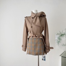 2025实拍秋季新款女式 复古英伦风围脖风衣格纹裙裤套装秋