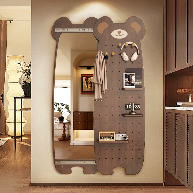 Bear-Shaped Dressing Mirror with Pegboard, Sliding Mirror for Home Use, Wall-Mounted Full-Length Dressing Mirror, Trendy Hidden Mirror That Can Be Closed Bear-Shaped Dressing Mirror with Pegboard, Sliding Mirror for Home Use, Wall-Mounted Full-Length Dressing Mirror, Trendy Hidden Mirror That Can Be Closed