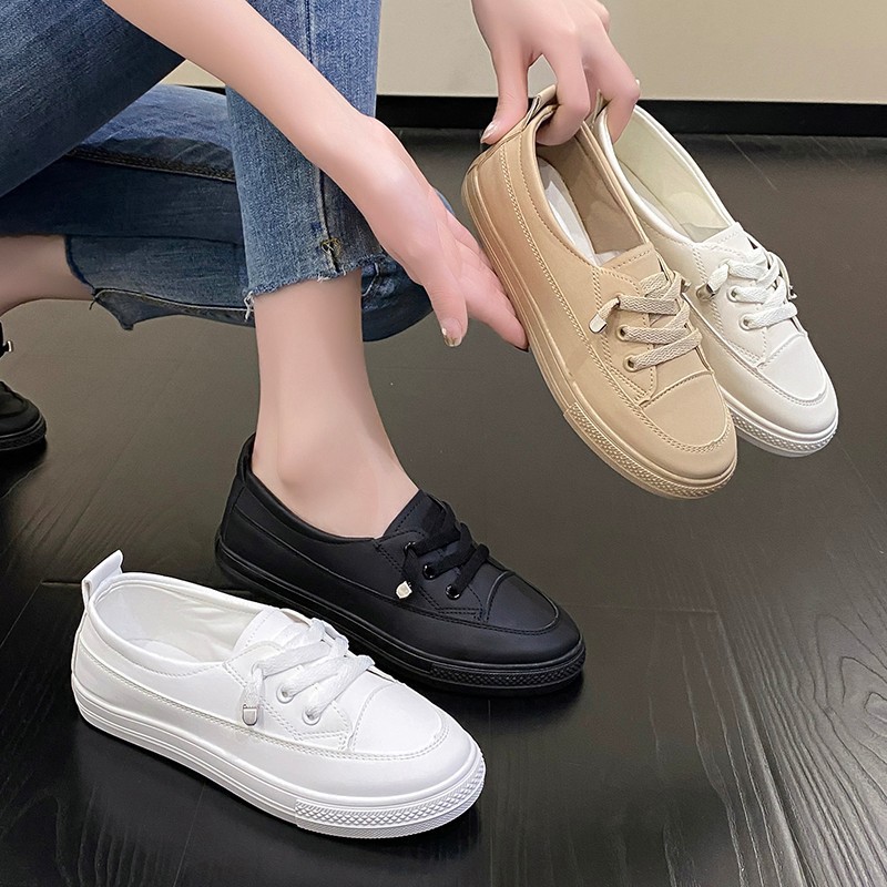 Flat White Shoes Women's Front Lace-up sneaker Solid Color White Sneakers Korean Style Flat Sneakers Women's Outer Wear