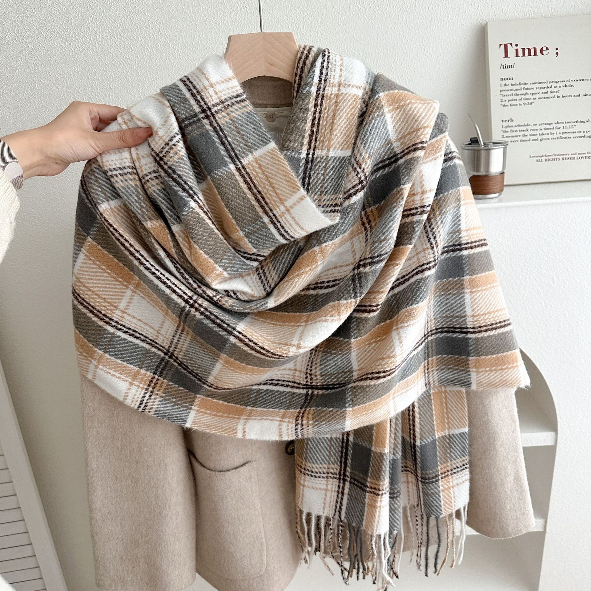 Bufanda de Cuadros Rosa con Flecos de Imitación Cachemira Térmica para Invierno