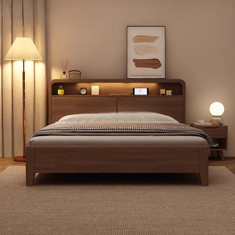 Scandinavian Solid Wood Bed Modern Simple Walnut Color 1.8 Master Bedroom Double Bed 1.2 High Box Storage Bed Factory Direct Sale
