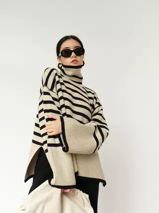 Women's Fashion Casual Loose Striped Turtleneck Sweater - Light Bottom Black Stripes - View 1