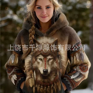 跨境独立站新款秋冬季女士复古维京图案印花舒适法兰绒连帽衫卫衣