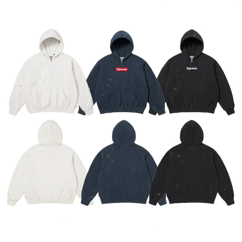 High-end Supreme x Margiela collaboration SS26 splash-ink embroidered zip-up hoodie, unisex