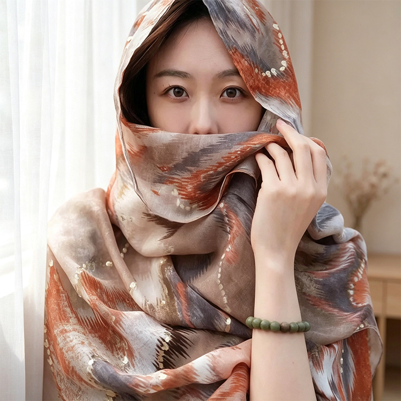 Ethnic-style gold-embossed scarf, shawl for women, atmospheric outfit for Dunhuang desert travel, sun-protective silk scarf, headscarf