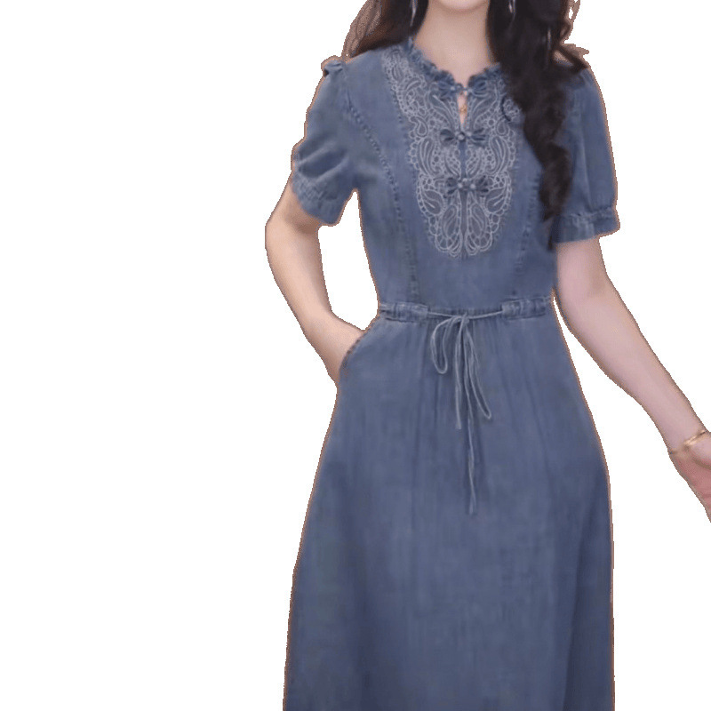 気質デニム刺繍半袖ドレス女性のための 2025 夏の新ファッションスリムママチャイナドレス|undefined