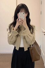 美拉德卡其色短款西装外套女春秋小个子韩系夹克开衫风衣早春上衣