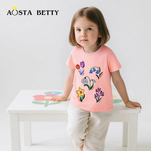 跨境货源夏季新款短袖女童t恤时尚印花儿童t恤圆领针织棉女童上衣