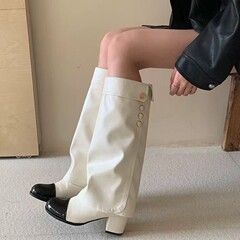 羊皮版~山茶花真皮粗跟骑士靴长靴女小香风高跟裤管长筒靴高筒靴