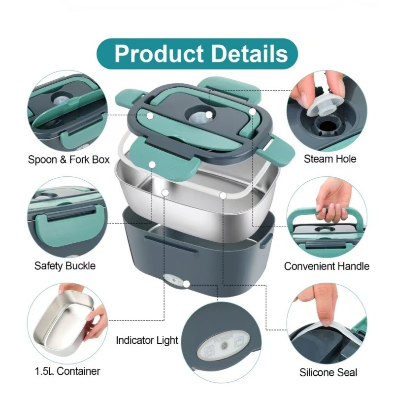 Lonchera eléctrica con calefacción, de doble uso para automóvil y hogar, sin necesidad de agua, lonchera autocalentable, lonchera portátil con aislamiento, contenedor interior de acero inoxidable.