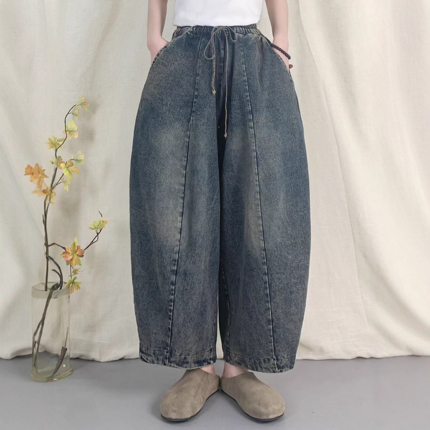 实拍现货复古全棉牛仔裤女松紧腰宽松灯笼裤显瘦萝卜裤长裤秋款