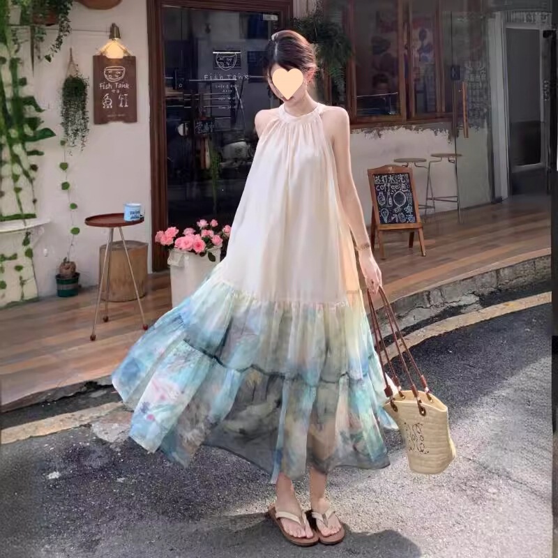 Gradient Design Halter Neck Sleeveless Dress for Women, New Summer Style with a Unique Resort Vibe and a Large Flared Hem