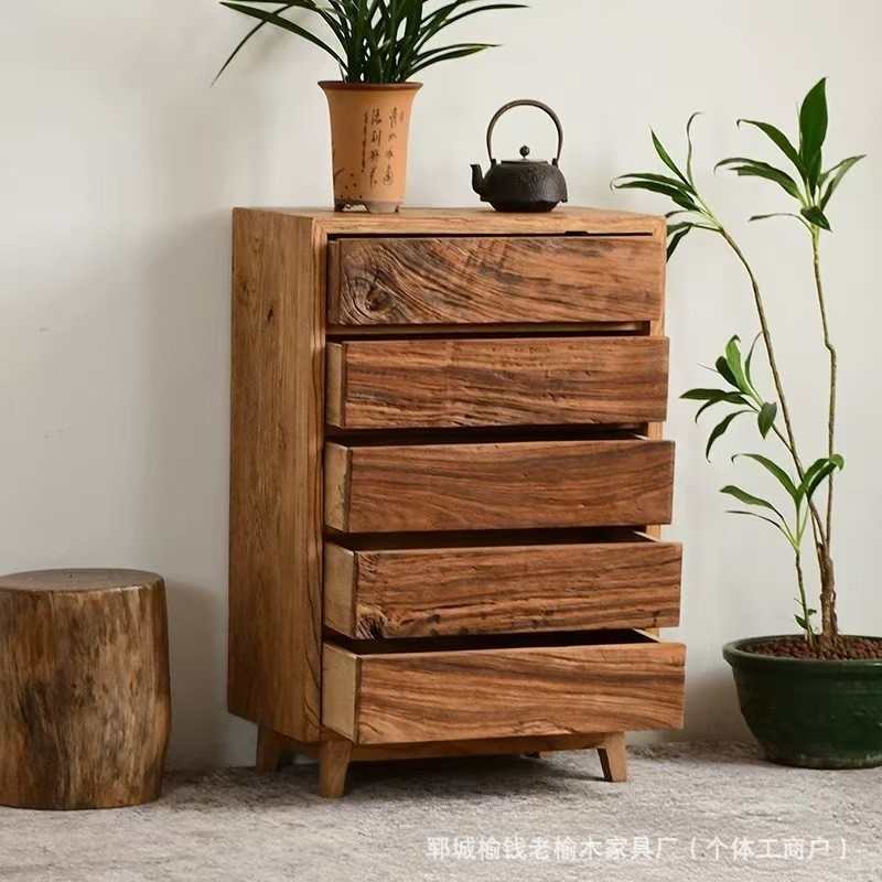 New Chinese Style Old Elm Chest of Drawers Modern Simple Solid Wood Drawer Cabinet Bedroom Storage Cabinet Living Room Tv Cabinet Side Cabinet