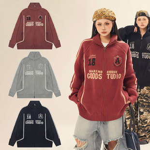 American retro trendy brand letter stand collar sweater jacket for men and women, sports style high street couple loose cardigan top
