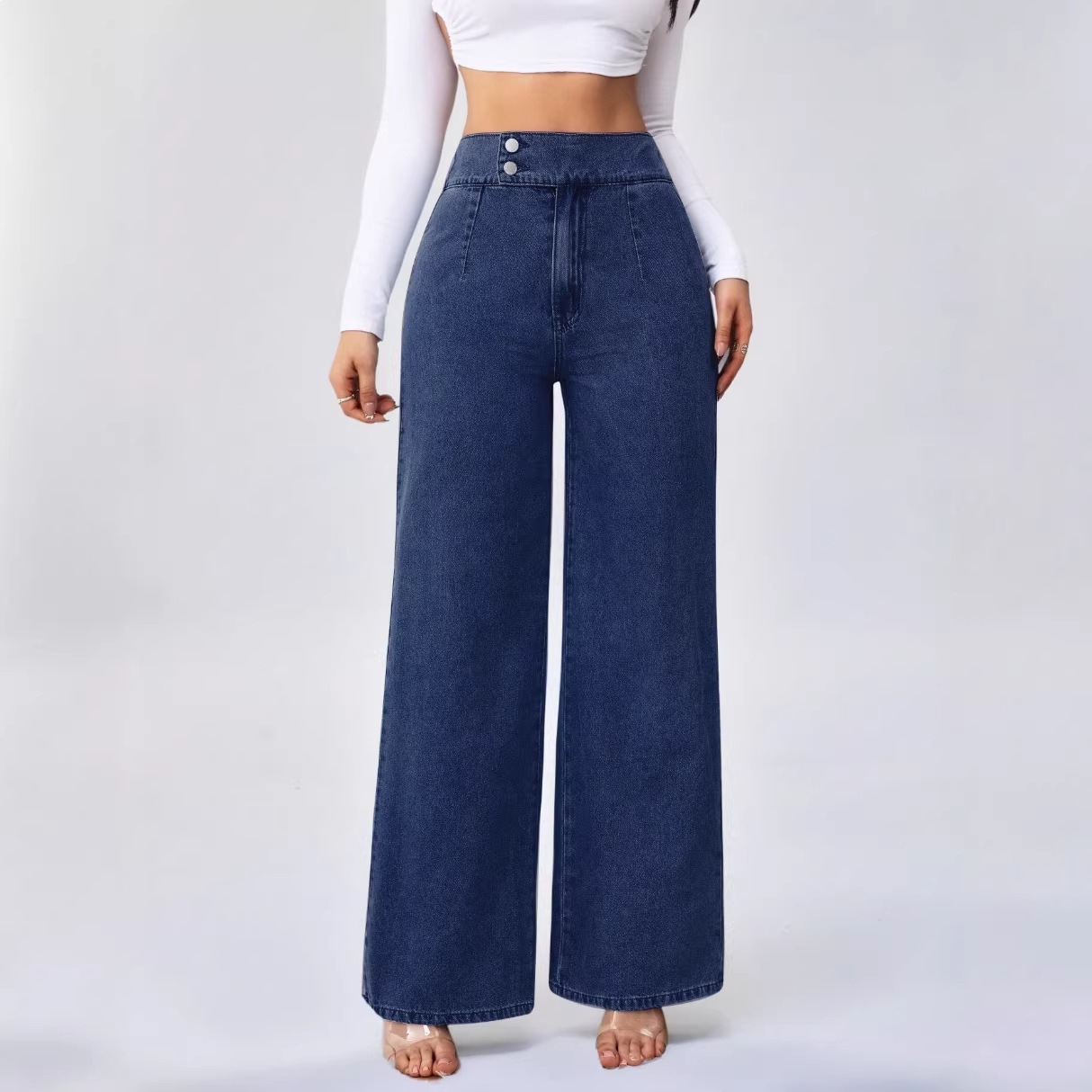 2026 Cross-Border European and American Versatile Straight Loose High-Waisted Double-Button Solid Color Women's Jeans Smx Independent Site