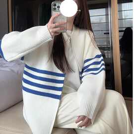 秋冬新款韩版宽松时尚条纹开衫连帽女毛衣百搭休闲拉链针织衫上衣