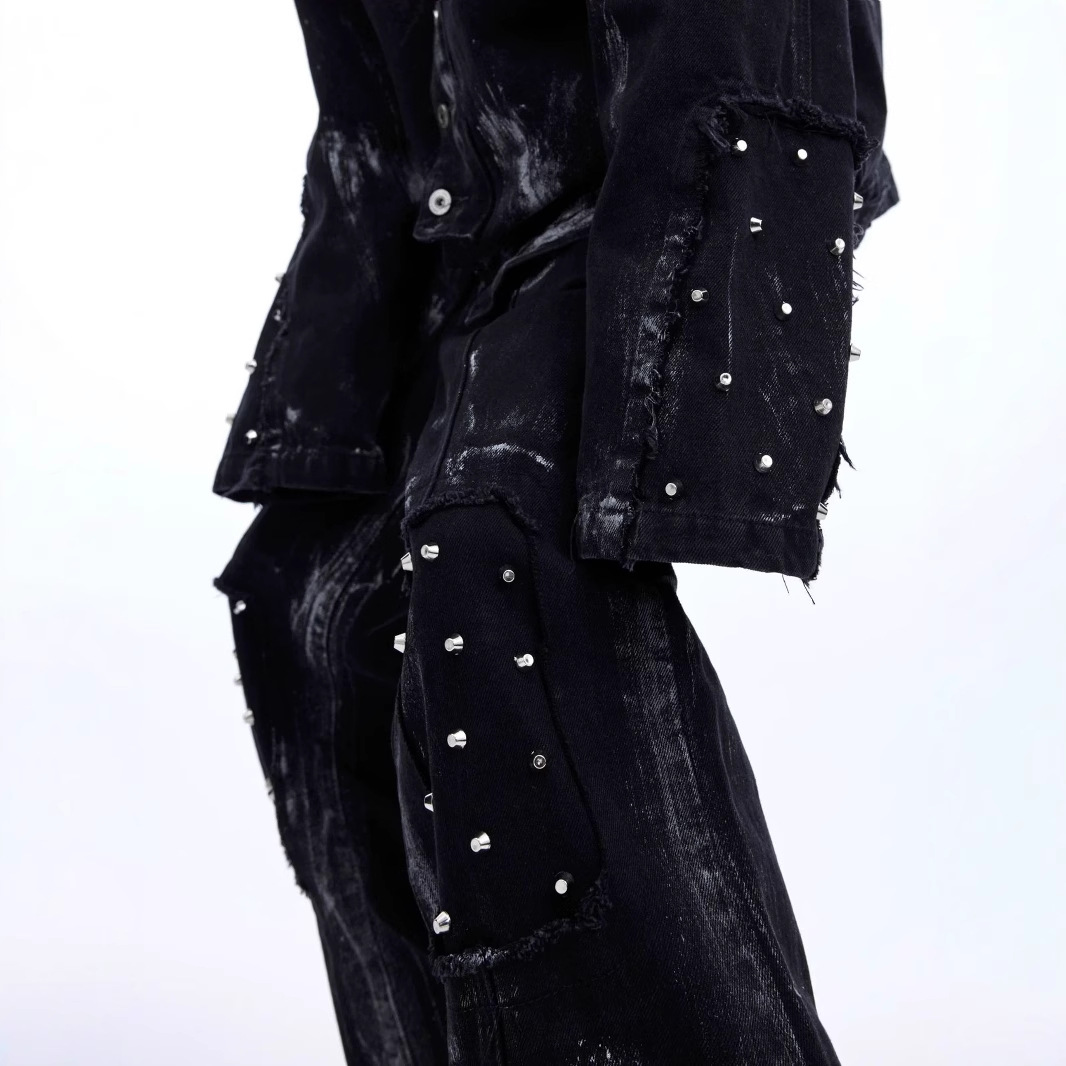 2024 Jacket Niche Metal Rivet Design Denim Jacket suit Heavy Hand-Painted Old Weak Jeans