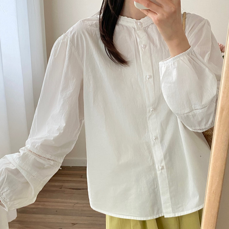 Korean-style pure cotton hollow-out stand-up collar long-sleeve shirt for women, autumn collection, sweet and youthful, loose fit, casual, versatile, solid color top K5
