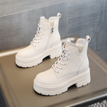 25年秋季新款小个子厚底坡跟松糕女鞋内增休闲中筒短靴加绒皮女靴