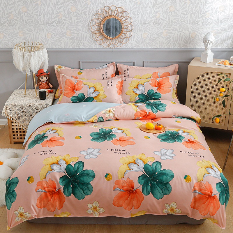 Simple Pure Cotton Brushed Four-piece Thickened Small Fresh Bed Sheet Quilt Cover Dormitory Three-piece Bedding Wholesale