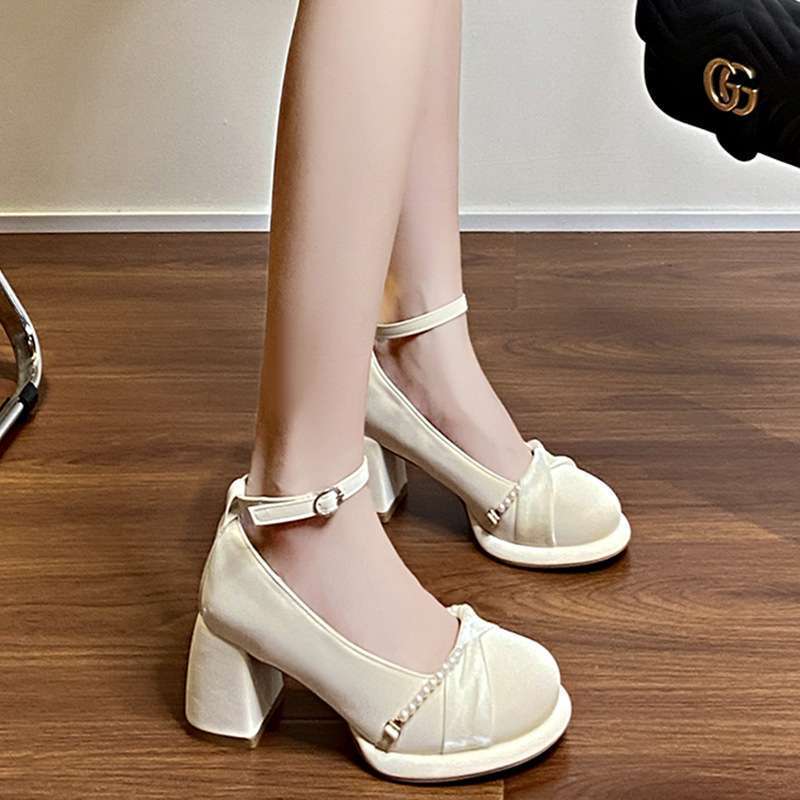 Mary Jane High Heels Women's 2025 New Spring One-word Buckle French Retro All-match Elegant Thick Heel Shoes