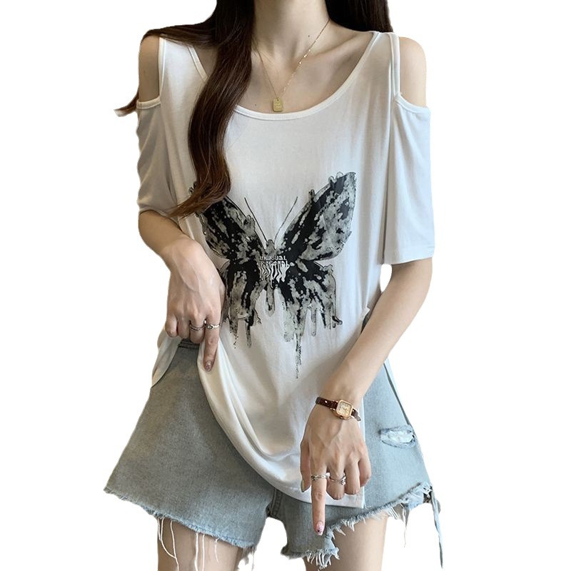 Camiseta de manga corta sin tirantes con estampado de mariposa de gran tamaño para mujer 2024 verano nuevo estilo suelto y delgado top de mm para mujer image 6