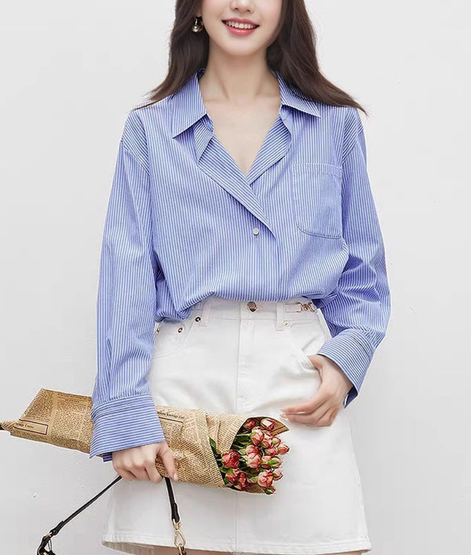 蓝色条纹衬衫秋季2025新款女装翻领休闲气质上衣轻熟法式小众|undefined