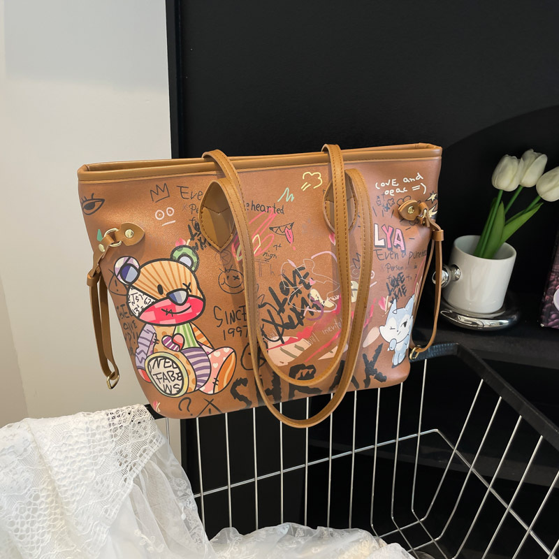 外贸印花包包女小熊涂鸦托特包春季新款手提包百搭大容量单肩包|undefined
