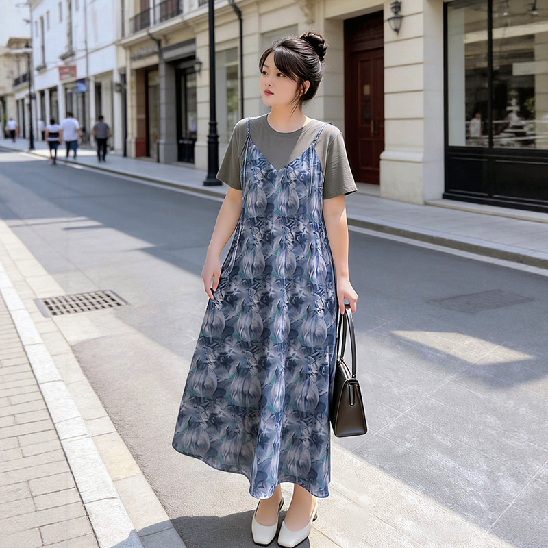 65-160kg Plus-Size Women's Faux Two-Piece Dress 2026 Summer New Style for Slightly Chubby Women and Petite Pregnant Women 65-160kg Plus-Size Women's Faux Two-Piece Dress 2026 Summer New Style for Slightly Chubby Women and Petite Pregnant Women