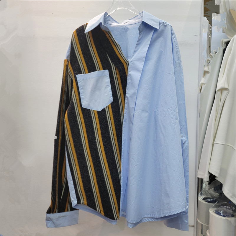 Gran tamaño francés de cuello en V falso dos piezas de camisa de mangas largas mujeres primavera 2026 nueva camisa de punto empalmado camisa de punto cardigan camisa superior image 2