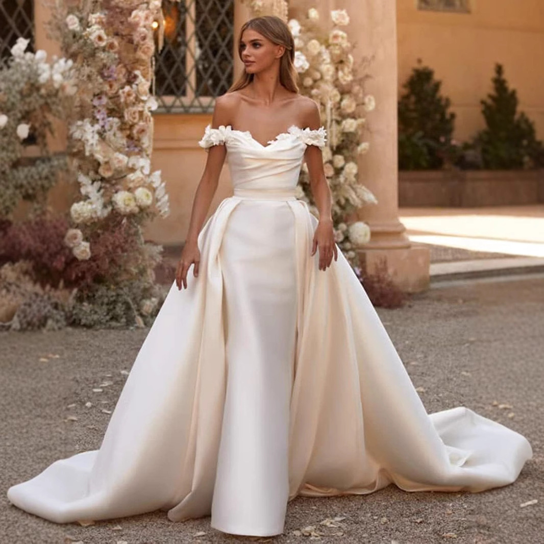 European and American Cross-Border Amazon Foreign Trade One-Shoulder Satin Detachable Slim Fishtail Wedding Dress New Two-Wear Wedding Dress